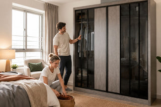 Couple organising a grey sliding-door wardrobe in a practical Singapore resale flat bedroom.