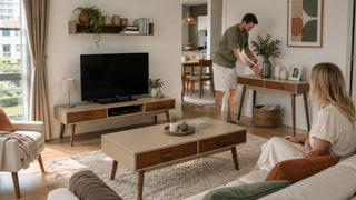 Compact Singapore living room with matching coffee table, TV console, and side console for small-home renovation ideas