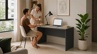 White and charcoal small study table in a bright Singapore apartment study nook with a couple organizing the workspace.