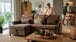 Brown sofa bed in a modern Singapore condo living room prepared for Hari Raya guests with cushions, plants, and warm natural decor.