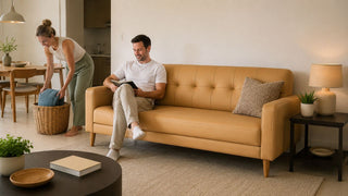 Camel sofa bed in a modern Singapore living room with a couple preparing the space for guests.