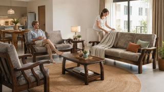 White expatriate couple styling a sofa blanket on a wooden fabric sofa set in a bright Singapore condo living room