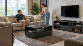 Practical Singapore living room with a sofa carpet, dark coffee table, TV console, and neutral sofa styled for MegaFurniture.