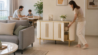 White fluted storage sideboard beside a sofa in a modern Singapore family living room.