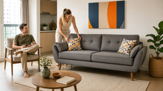 Grey fabric sofa in a compact Singapore living room showing a practical layout for a smaller home