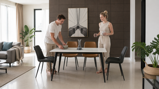 Compact square dining table for 2 in a bright Singapore apartment, styled for everyday dining and smart small-home space planning.