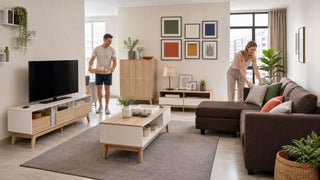 Starry Homestead living room furniture set in a modern Singapore HDB with sofa, TV console, coffee table, and storage pieces.