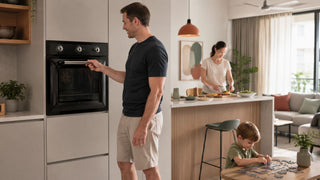 Built-in steam microwave oven in a modern Singapore family kitchen with open-plan dining and living space