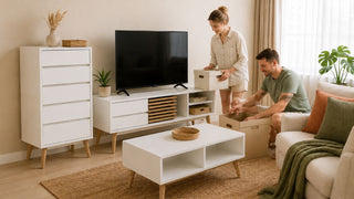 White storage furniture set with plain storage boxes in a modern Singapore living room for MegaFurniture