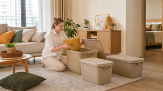 Storage boxes with lids used for tidy cushion storage in a warm modern Singapore living room