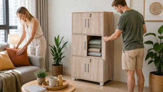 Light wood storage cabinet in a Singapore living room as a couple prepares cushions and guest linens for weekend visitors.