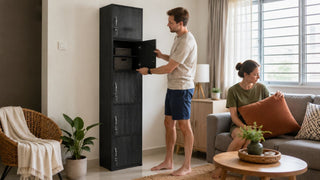 Storage cabinet with doors in a modern Singapore living room, showing practical closed storage for a tidy family home