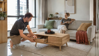 White couple using a light oak storage coffee table in a modern Singapore living room