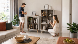 Couple organizing a storage shelf rack in a bright modern Singapore living room with practical decor and open shelving.