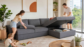 Family-friendly storage sofa in a modern Singapore living room with washable accents and clear walking space