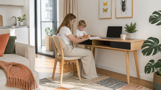 Compact wooden study desk in a modern Singapore apartment workspace with family-friendly seating and practical small-home layout.