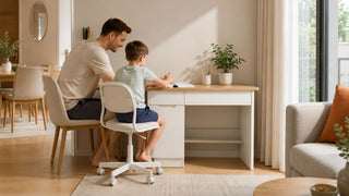 White and wood study desk with open shelf in a bright Singapore home study corner for parent and child homework time