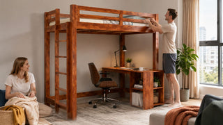 Sturdy wooden loft bed with desk in a modern Singapore home, styled for practical small-space living.