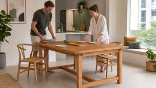 Teak dining table in a bright Singapore condo dining area with a couple setting simple plates for a family meal.