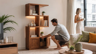 Teak display shelf with storage cabinets in a bright modern Singapore living room with a couple organising the space.