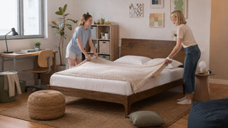 Wooden bed frame in a modern Singapore teenager’s bedroom with parent and teen arranging bedding together