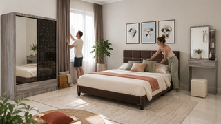 Modern bedroom furniture set with Tencel-style bedding in a bright Singapore home, styled for cool and comfortable sleep.