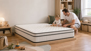 White quilted toddler mattress in a modern Singapore family bedroom with a parent and child preparing the bed