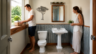 White toilet and pedestal sink in a renovated Singapore HDB bathroom with practical storage and natural daylight