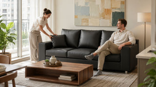 Black top-grain leather sofa in a modern Singapore condo living room with a couple arranging cushions in soft daylight