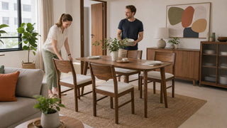 Walnut dining set in a warm Singapore HDB dining area styled for an affordable transitional home makeover