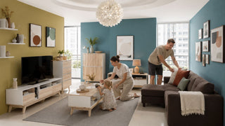 Transitional HDB living room with a brown sectional sofa, light wood TV console, coffee table, and storage cabinets styled on a $2,000 MegaFurniture budget