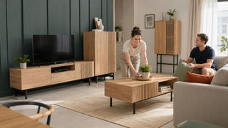 Transitional living room furniture set with TV console, storage cabinets and coffee table in a modern Singapore HDB flat