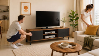 Modern TV console in a bright Singapore living room with a couple checking storage and arranging the space before buying.