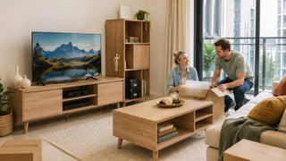 Light wood TV console, shelving unit, and coffee table in a modern Singapore executive condo living room during delivery-day setup