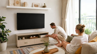 Modern TV console in a bright Singapore living room with organised storage for everyday home use