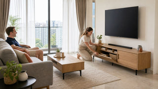 Modern TV console in a Singapore executive condo living room with clear walking space and practical storage.