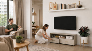 White couple arranging a light wood TV console in a compact Singapore resale flat living room with clear walking space.