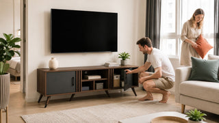 Modern walnut and charcoal TV stand in a bright Singapore living room with storage being used for daily organisation.
