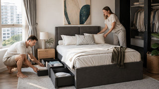 Upholstered storage bed frame in a bright Singapore bedroom as a couple organises bedding and built-in drawers.