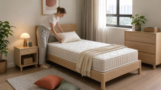 Twin mattress in a bright Singapore bedroom with a light wood frame and practical space for everyday comfort.