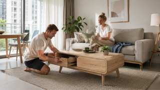 Light wood storage coffee table in a modern Singapore condo living room, with a relaxed couple using the drawer storage beside a grey sofa.