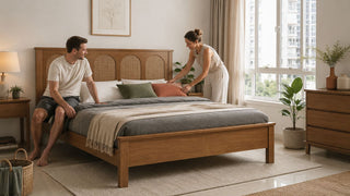 Wooden rattan bed frame in a modern Singapore bedroom with a couple arranging bedding for a practical home comfort guide