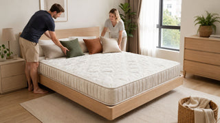 Modern upholstered bed setup in a Singapore condo bedroom with a couple arranging cushions for a practical MegaFurniture home.