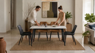 Wabi-sabi inspired dining table set in a warm modern Singapore home with natural textures and calm everyday styling.