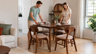 Walnut dining table set in a bright Singapore condo dining area prepared for everyday meals