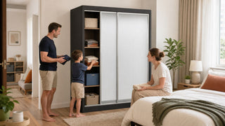 Practical sliding wardrobe closet in a modern Singapore HDB bedroom with family storage use.