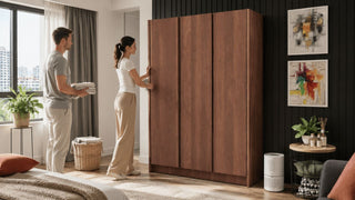 Couple organising a wooden wardrobe with folded linens and an air purifier in a modern Singapore bedroom.
