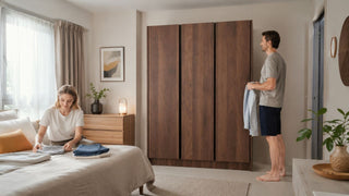 Modern wooden wardrobe in a bright Singapore bedroom with a couple tidying clothes and planning bedroom storage