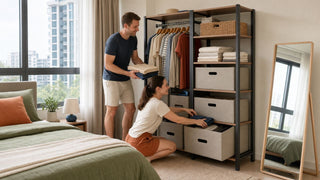 Wardrobe organizer in a modern Singapore bedroom with a couple arranging folded clothes and storage boxes.