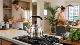 Stainless steel water kettle on a gas stove in a modern Singapore home kitchen with a relaxed everyday tea setup.